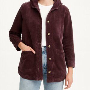J. Jill Womens Corduroy Chore Jacket S Petite Maroon Purple Velour Hood Lining